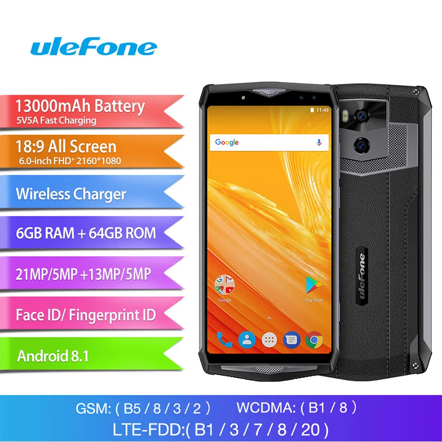 Мобильный телефон Ulefone power 5 Face ID с беспроводной зарядкой Android 8 1 MTK6763 Восьмиядерный