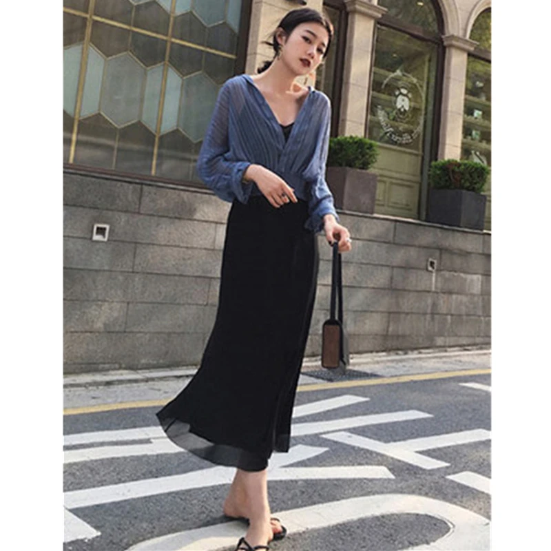 Модные женские комплекты Шифоновая Блузка + юбка на бретельках весна лето 2020