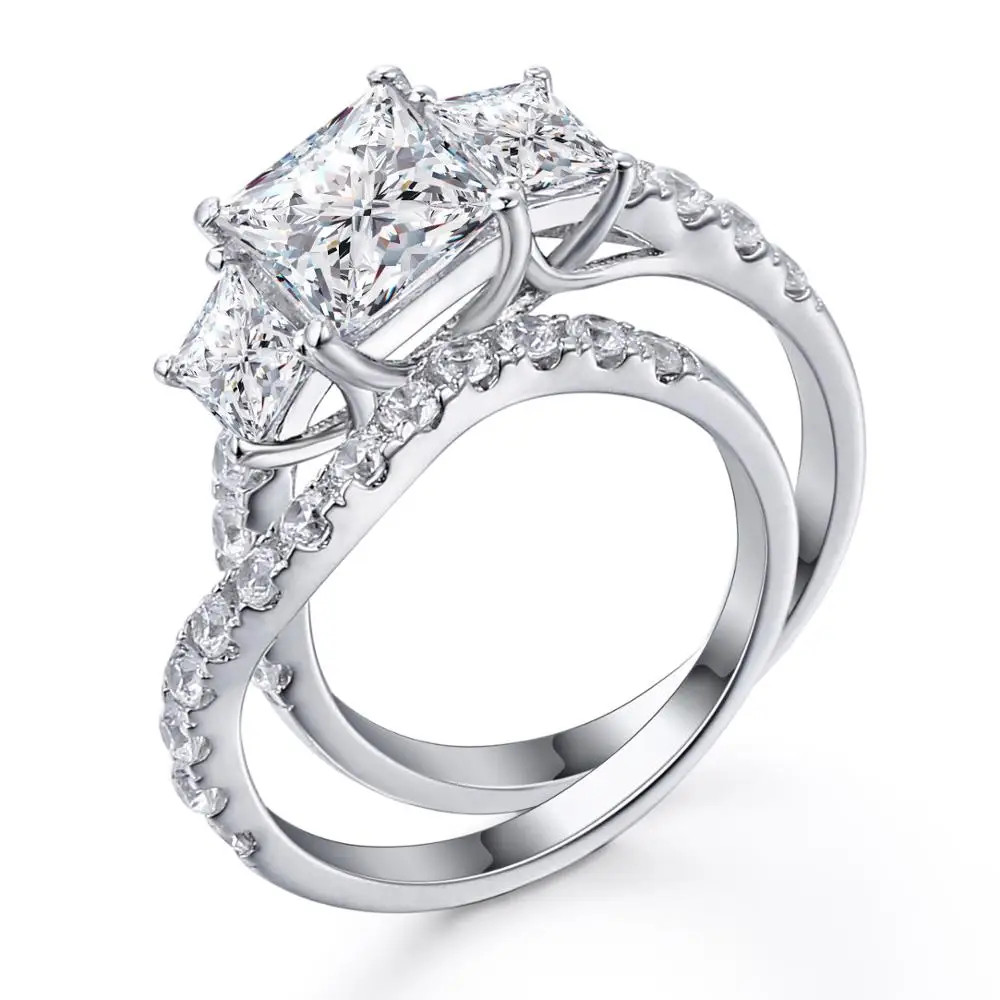 925 Sterling Silver 4.9 Carat CZ Paved Wedding Band Bridal Ring Sets Women 3 Stone Cubic Zirconia Eternity Engagement Rings SR07 | Украшения