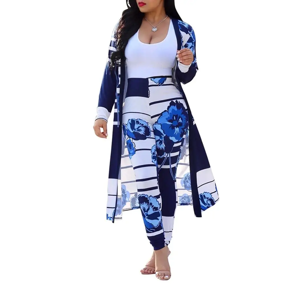 

Women New Summer print Trench Coat tops pencil long pants two pieces sets bodycon tracksuits suits beach two pieces