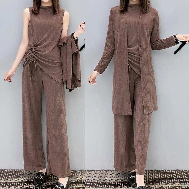 brown Спортивный костюм женский комплект 2 шт. из 3 предметов, брючные костюмы, Длинный топ и кардиган размера плюс, большая трикотажная одежда, элегантная осенне-зимняя одежда - Цвет: brown