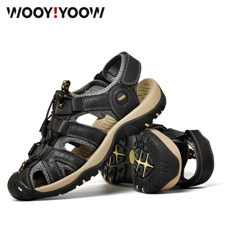 WOOY! Мужские кожаные сандалии YOOW пляжные из замши повседневные удобные шлепанцы