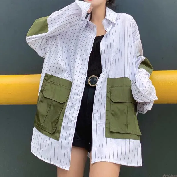 Harajuku BF стиль для женщин негабаритных в Вертикальную Полоску рубашка большой