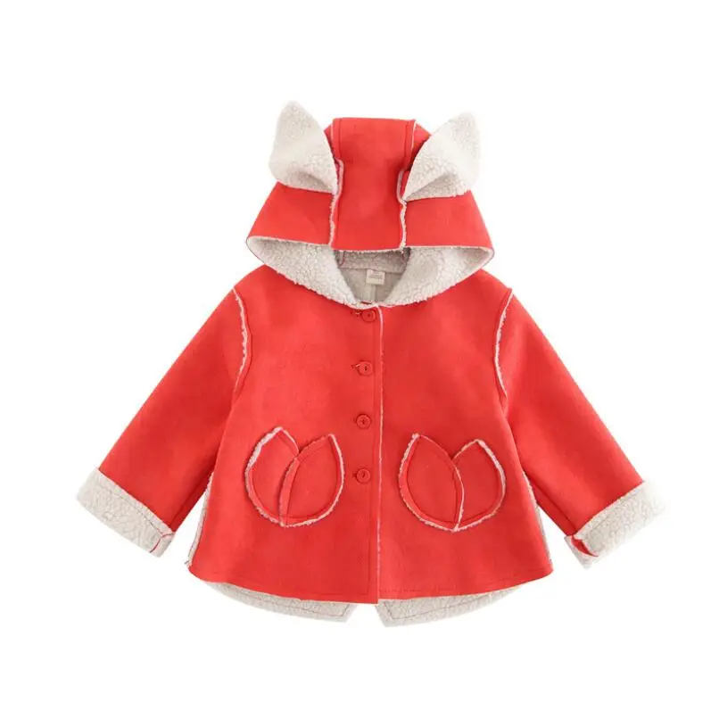 Cartoon Rabbit ears Children Coat Button Closure Hooded Jacket Outerwear Suede Fabric Coats Autumn Winter Kids Clothing | Детская одежда
