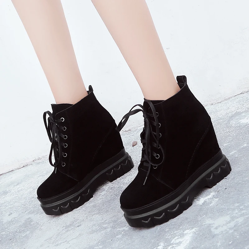 

WETKISS Cow Suede Platform Women Ankle Boots Lace Up Round Toe Zip Footwear Fashion Casual Female Boot Wedges Shoes Woman 2018