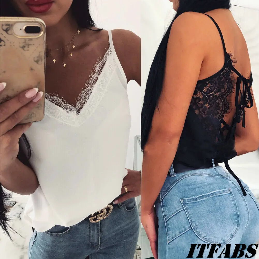 Женский летний атласный Шелковый кружевной топ без рукавов рубашка блузка топы