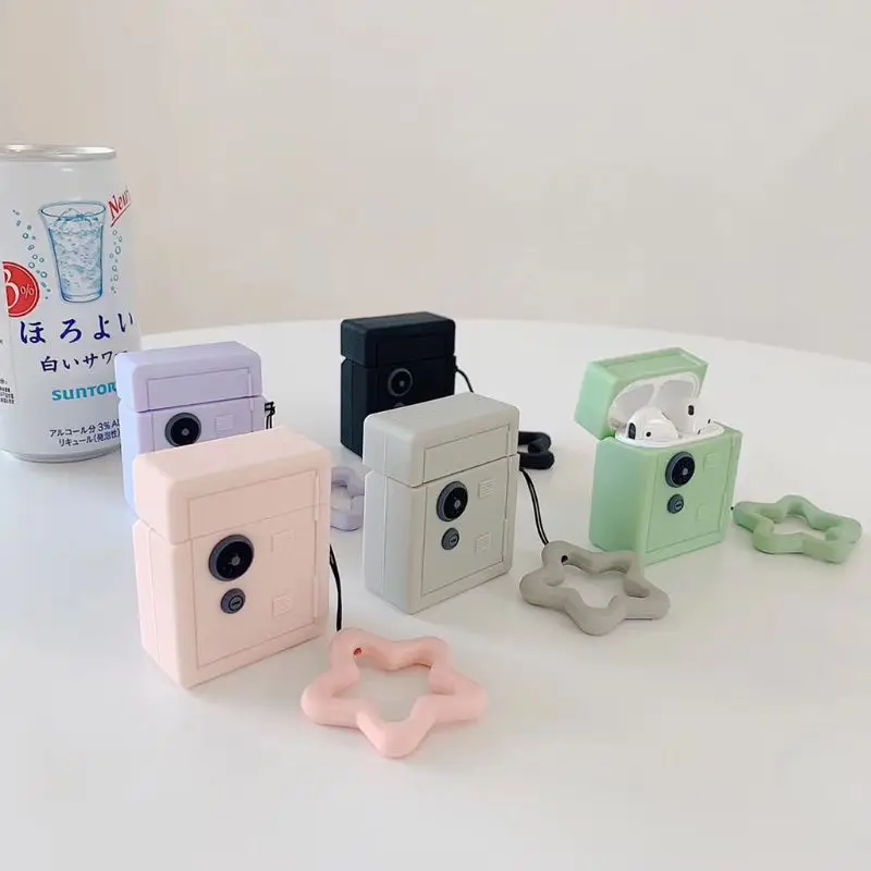 Unique Safe Box Pattern Soft Silicone Protective Cover Shockproof Case Skin Shell With Lanyard for Airpods 1/2 Charging Box