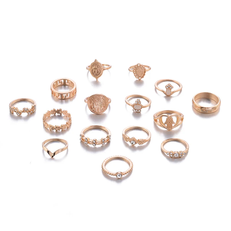 13 Pcs/Set Boho Geometry Crystal Gem Round Gold Joint Ring Set Women New Virgin Mary Cross Star Leaves Personality Party Jewelry | Украшения