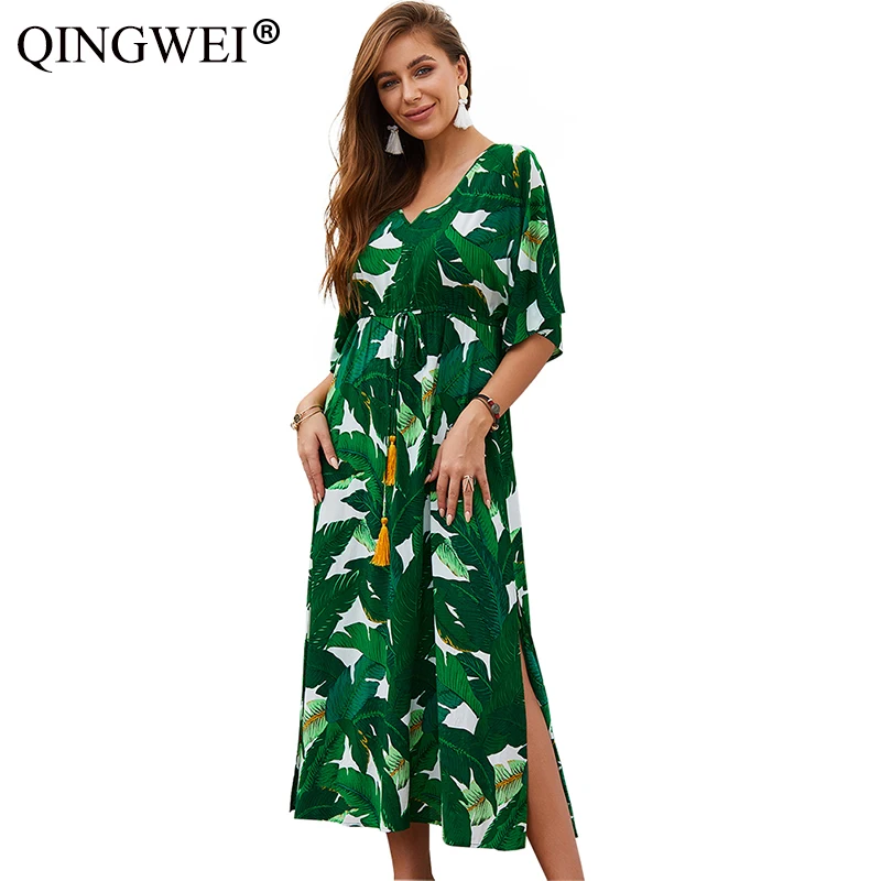 

QINGWEI England style Dress 2019 summer Print Short Sleeve sexy Beach Dress Fashion V Neck Women Party Wedding Vestidos