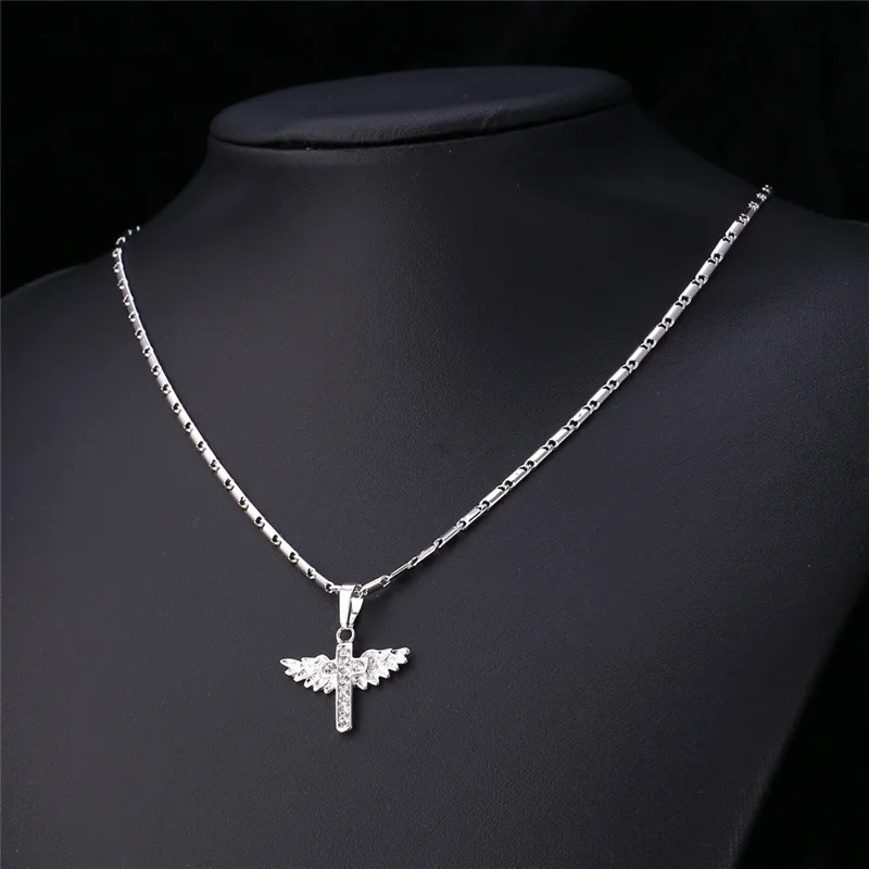 U7 Ангел Крылья Кулон Ожерелье Женщины Христианские Ювелирные Изделия Стразы