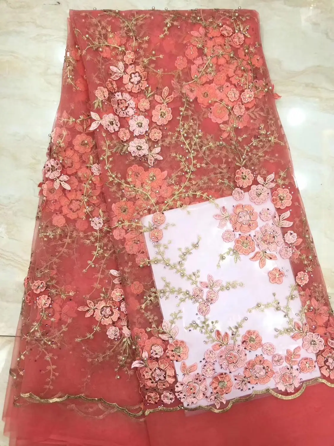 

flowers pattern design beautiful nigerian net tulle lace fabric with beads and stones 5yards african french lace JIAXJUL032