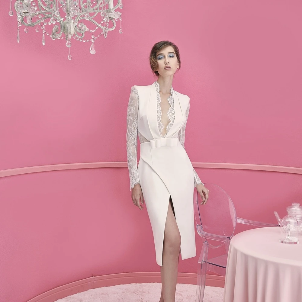 Женское кружевное платье с длинным рукавом белое однотонное вечернее v образным