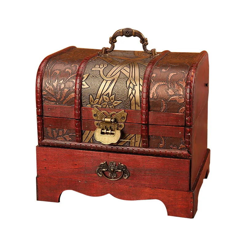 Большой Винтаж металлических замочно-брелок ящик для хранения ювелирных изделий, органайзер, ручная работа, декоративная, деревянная сокровище чехол груди подарок