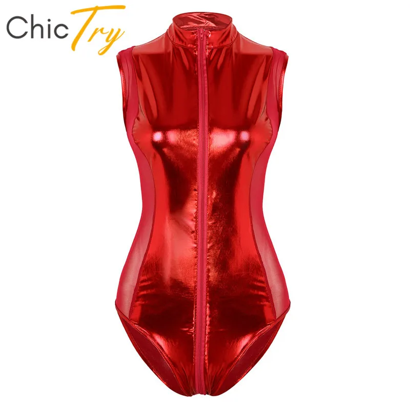 

ChicTry Metallic Patent Leather Sheer Mesh Splice Zipper Leotard Women Sexy Bodysuit Club Rave Pole Dance Performance Costume