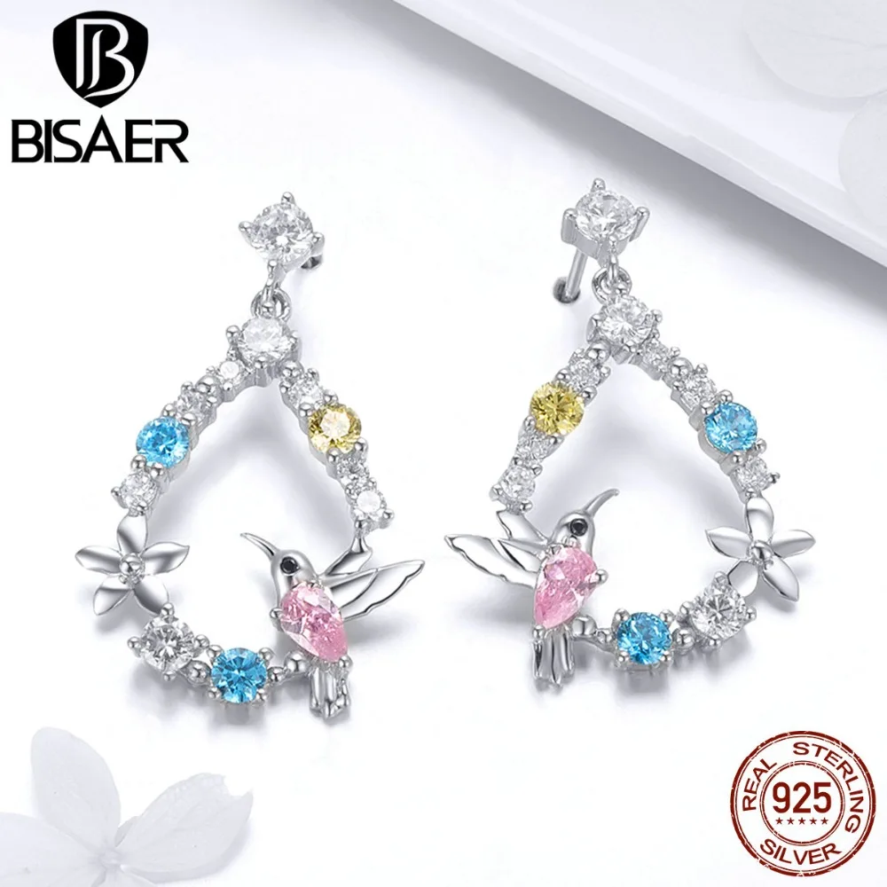 BISAER 925 пробы серебряные серьги-гвоздики с птицами Колибри, цветок, модные серьги, ювелирные изделия EFE011