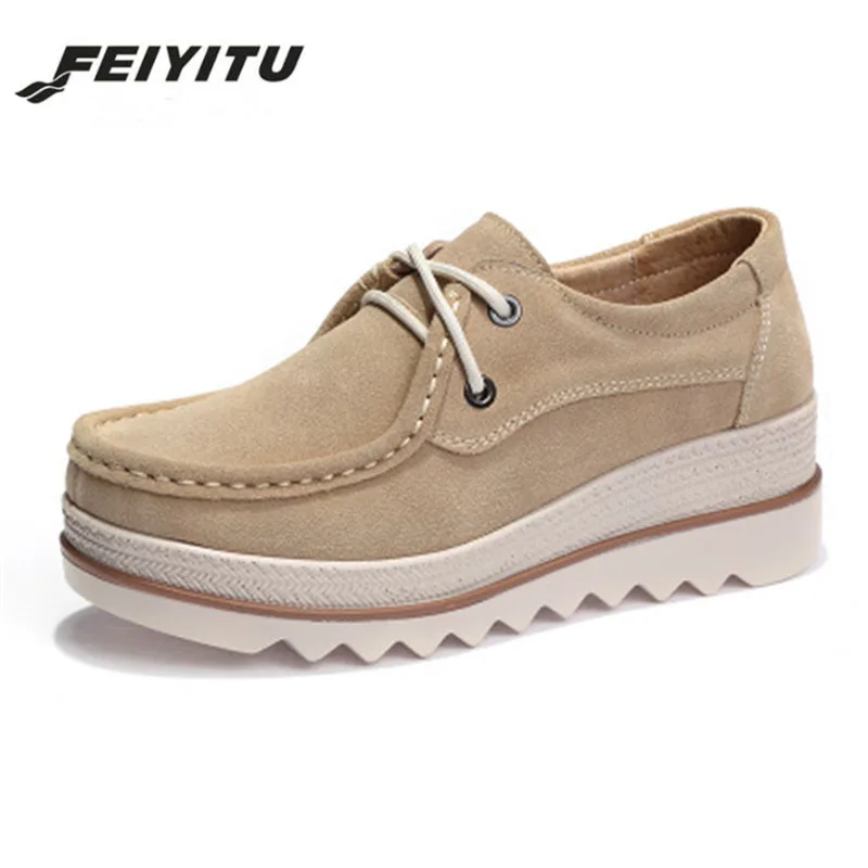 FeiYiTu/2018 весенние женские туфли на плоской подошве Кожаные Замшевые кроссовки