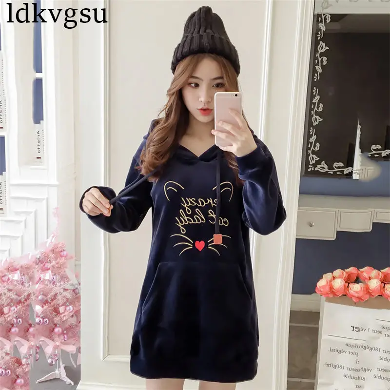 blue Женские толстовки длинные толстовки Модные платья с вышивкой Женские золотые бархатное худи Топы повседневные Большие размеры Женское пальто A1147 - Цвет: blue