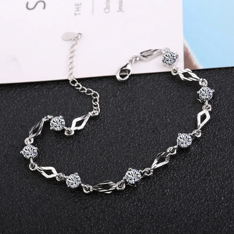 OMHXZJ Wholesale Personality Fashion OL Woman Gift Silver Geometric White Purple Zircon Chain 925 Sterling Bracelet BR48 | Украшения и