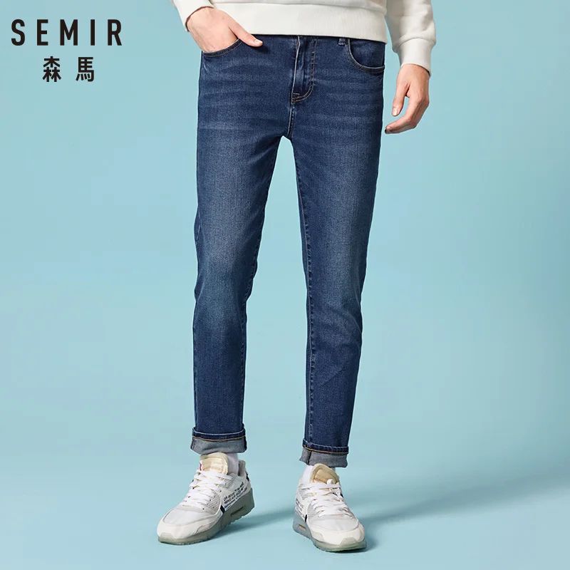 SEMIR мужские зимние синие джинсы на подкладке из стрейчевого денима теплые для