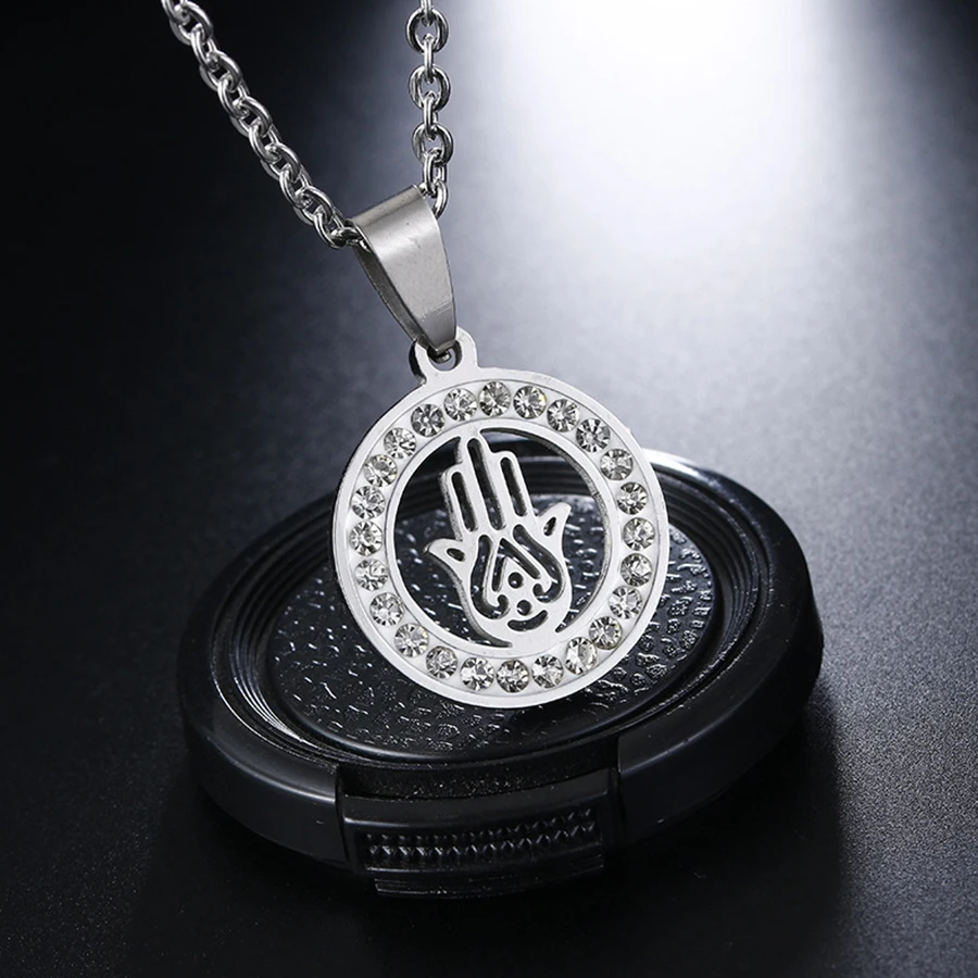 HOBBORN Trendy Hand of Fatima Amulet Women Necklace Stainless Steel Full Crystal Link Chain Fashion Men Pendants &amp Necklaces | Украшения