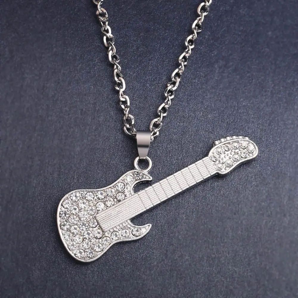 Крутое золотистое большое колье с кулоном гитара хрустальной музыкой золотая