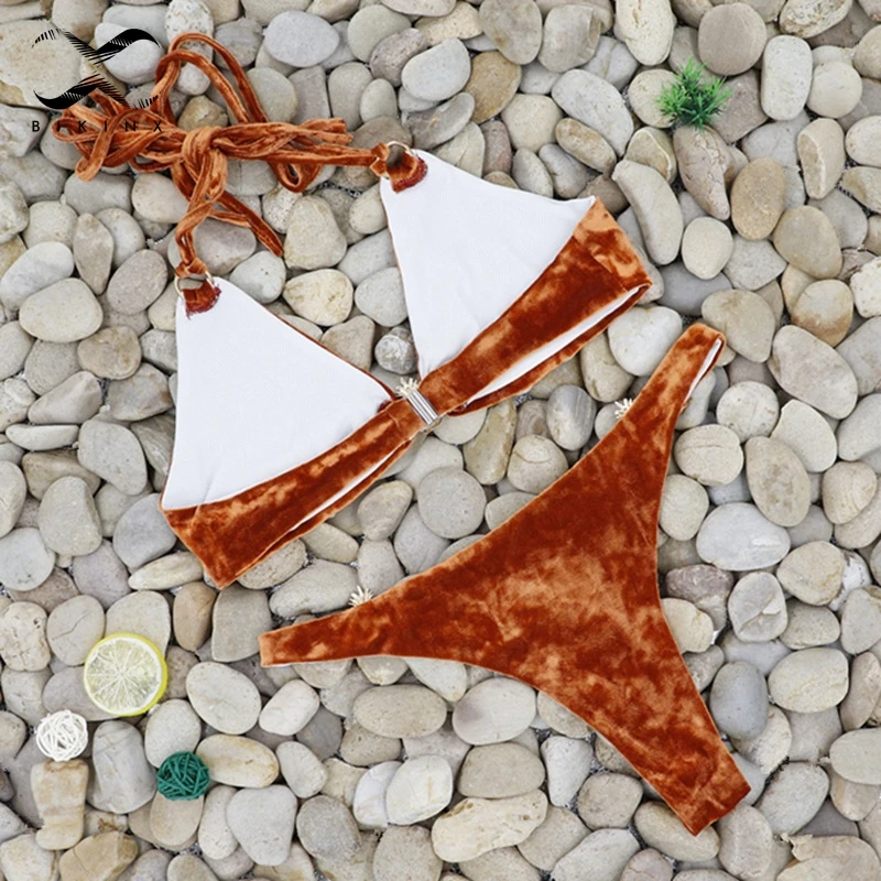 Bikinx бархатное бикини с золотым металлическим ананасом, стринги, желтый купальник, купальник из кусков, женский купальник с бретельками, бикини, бразильское бикини