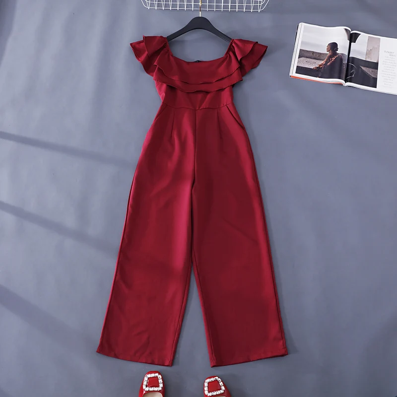 ALPHALMODA, летние комбинезоны с оборками, одноцветные, с вырезом лодочкой, с высокой талией, широкие, женские комбинезоны, модные комбинезоны