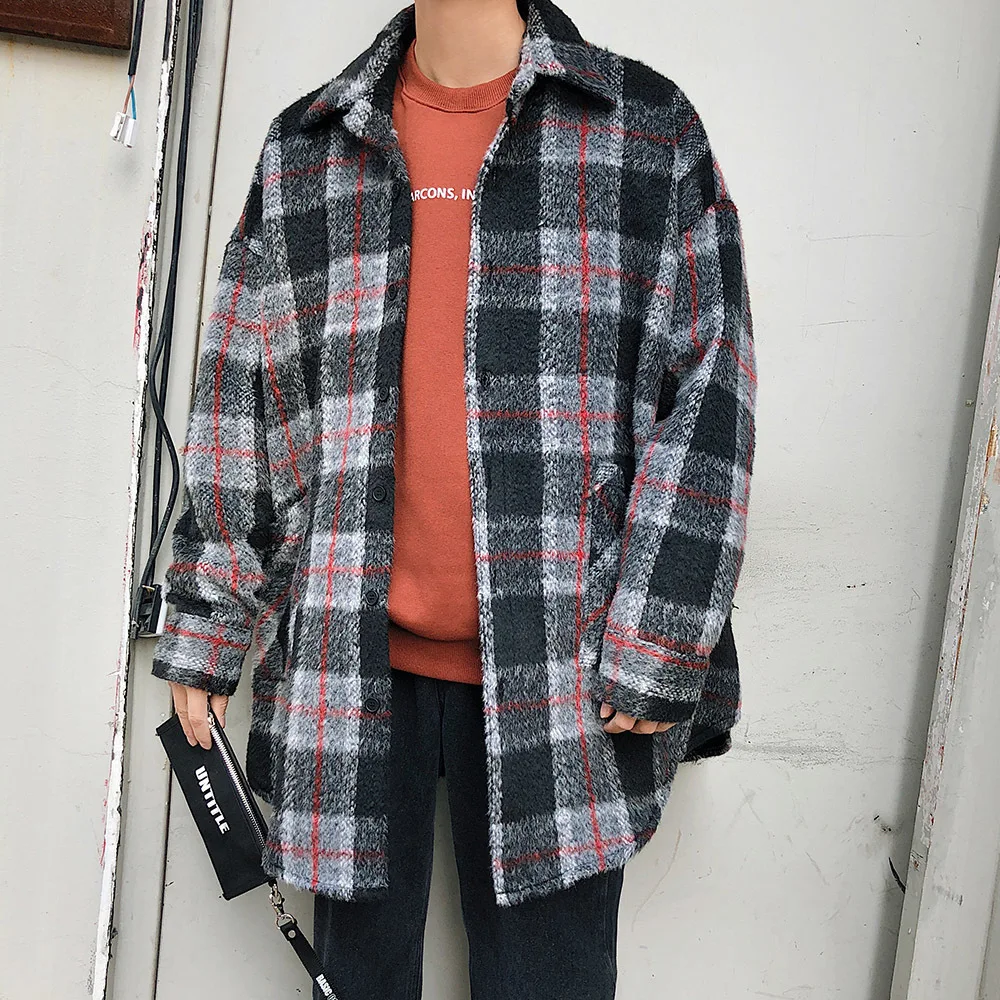 2019 Men's Fashion Trench Wool Blend Lattice Overcoat Loose Casual Grey/Green Cotton-padded Clothes Woolen Cashmere Coat M-2XL | Мужская