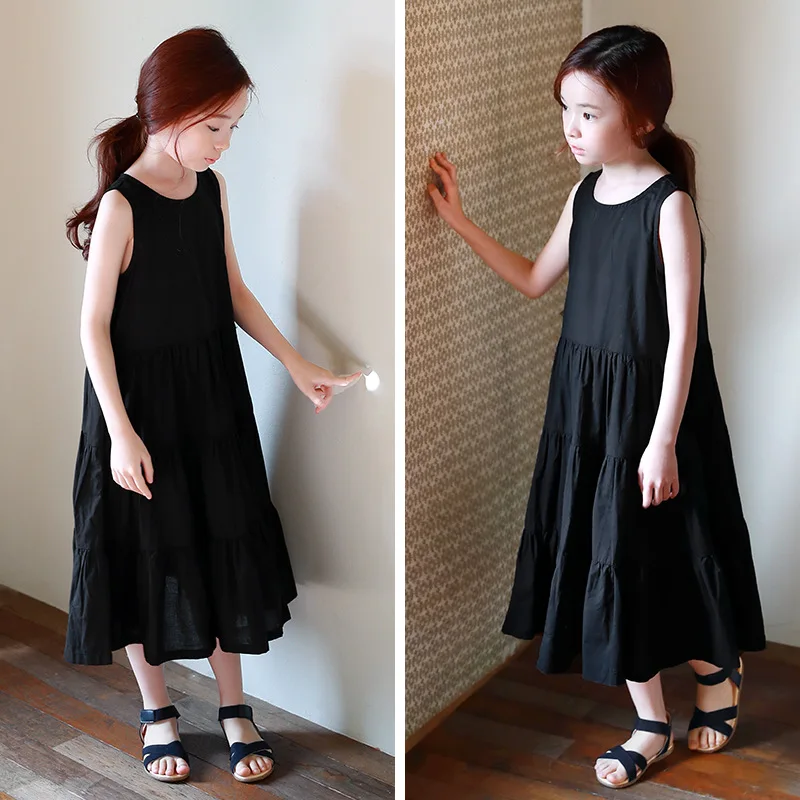 2021 Одежда для девочек-подростков платья без рукавов черный длинный сарафан из 100%