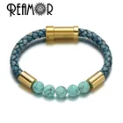 Мужской плетеный кожаный браслет REAMOR, в стиле ретро, с синими прожилками из натурального камня, с позолотой, с застежкой из нержавеющей стали