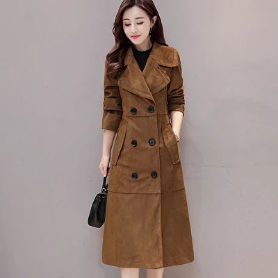 Dark brown Длинный двубортный тренч для женщин корейская мода весна осень размера плюс тонкий оленья замша пальто для женщин Z12 - Цвет: Dark brown