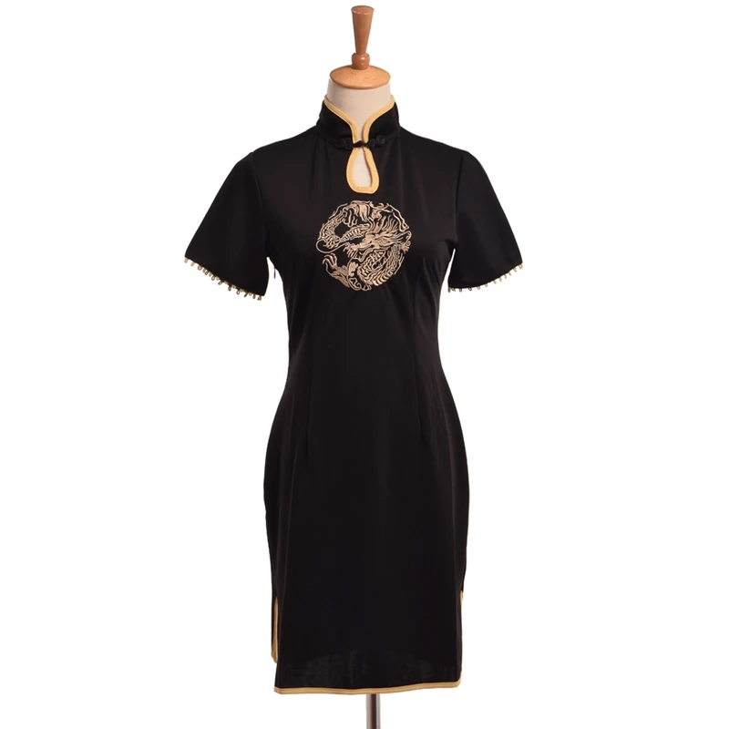 Урожай Китайский дракон вышивка черный Лолита Cheongsam Девушки Рок Панк Qipao щелевая