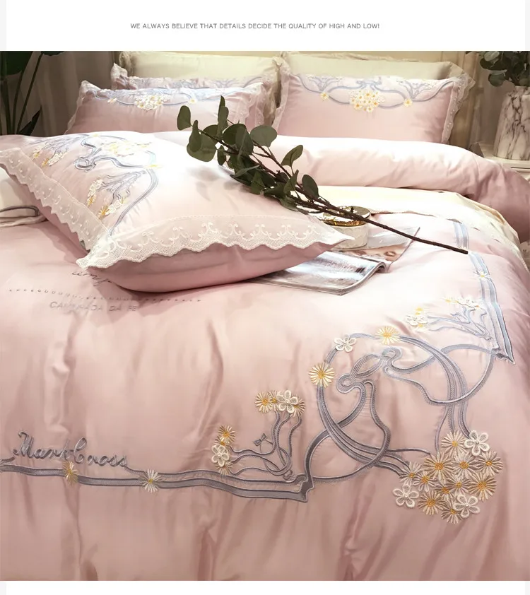 Modern Egyptian cotton Embroidery Bedding sets Queen King Tribute Silk Duvet cover Bed sheet set Pillowcases 4/6pcs pink blue | Дом и сад