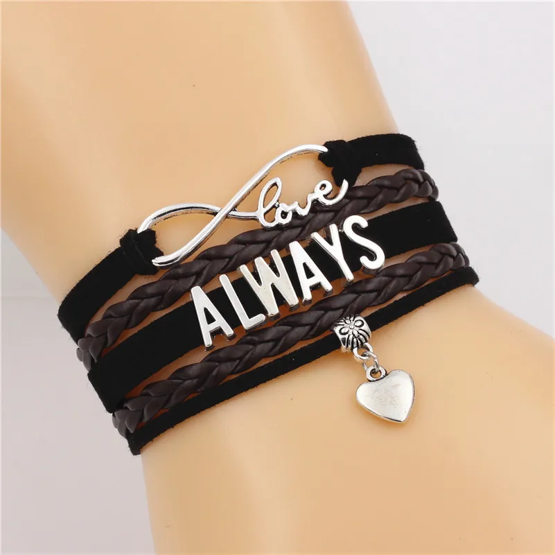 7 цветов Новая мода Античный всегда алфавит кожаные браслеты сердце очарование