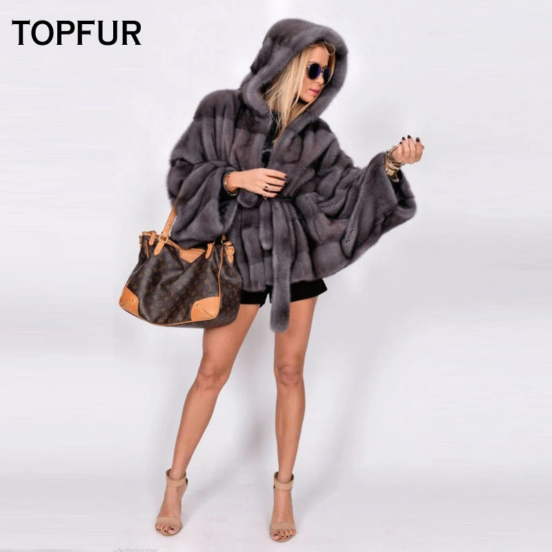 Женская короткая шуба TOPFUR из натурального меха норки с капюшоном на зиму 2021 |