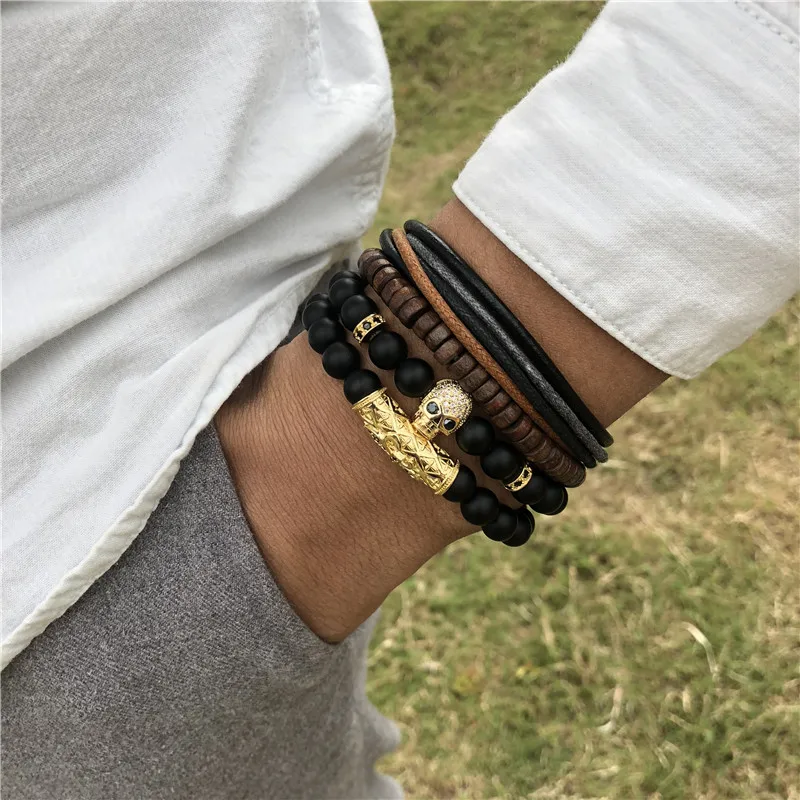 

2021 New 2pc/sets 8mm Men jewelry Natural Stone beaded Bracelet men Pave CZ Skull Charms Bracelets pulsera hombre