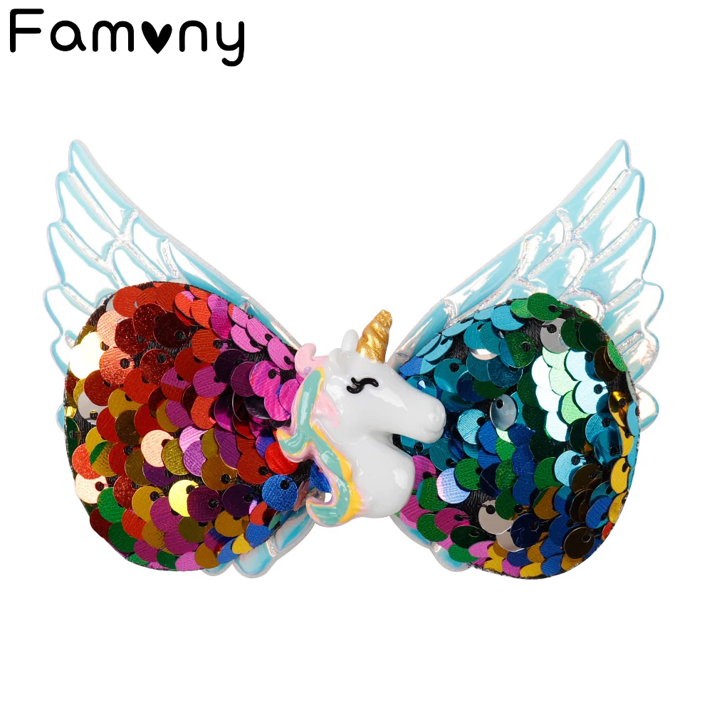 Hair Accessories Bows Hairgrips for Girls Wings Reversible Sequin Barrettes with Resin Unicorn Bowknot Fashion Hairbows | Детская одежда