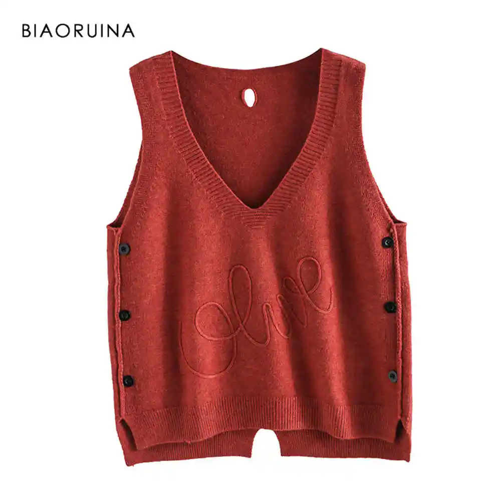 Кораллово-Красный BIAORUINA, 10 цветов, корейский стиль, женский, подходит ко всему, v-образный вырез, однотонный, вязаный жилет, женский, без рукавов, милый пуловер, для девочек, шикарные топы - Цвет: Кораллово-Красный