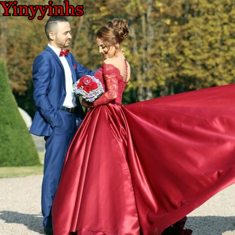 

2020 Formal Dress Arabic Vintage Lace Evening Dress Long Sleeve Burgundy Ball Gown Plus Size Off Shoulder Prom Party Gowns YY115