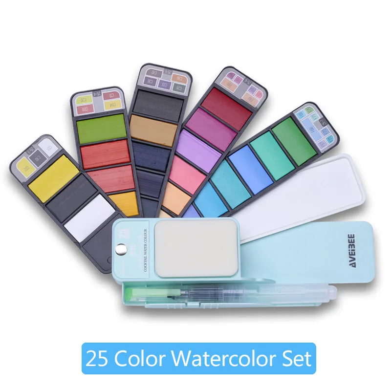 Blue 25 Colors Краски 18/25/33/42 Цвета Твердые акварельные краски в наборе с Краски кисть Портативный воды Цвет для школы художественные канцелярские принадлежности - Цвет: Blue 25 Colors