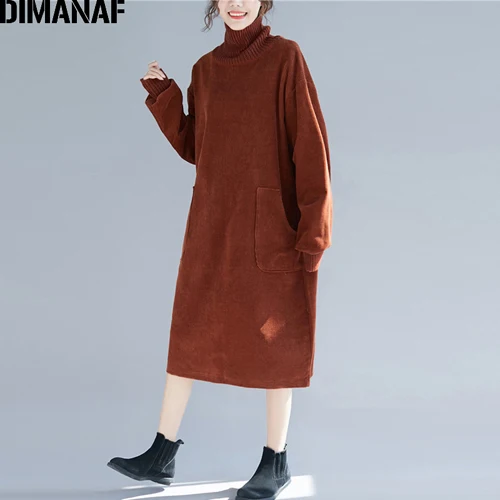 Wen98226CN-brown DIMANAF женские зимние элегантные длинные платья размера плюс, дамские платья, вельветовые толстые женские свободные винтажные хлопковые платья с высоким воротником - Цвет: Wen98226CN-brown