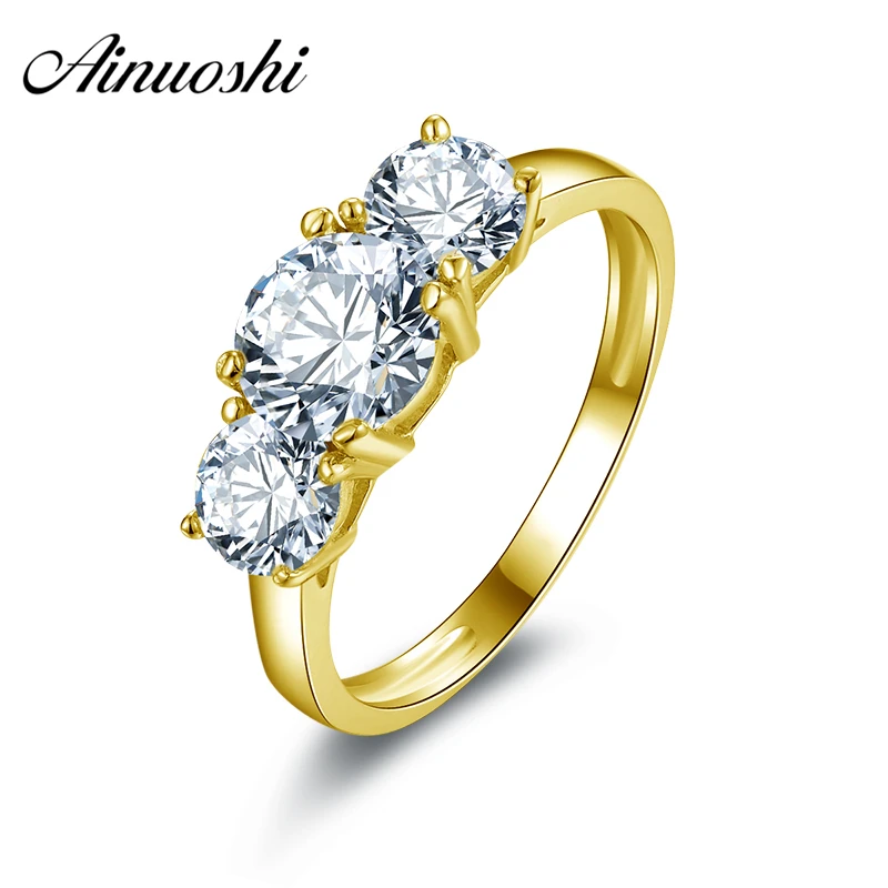 AINUOSHI, классические, 3 камня, круглые кольца, 14 к, цельное белое или желтое золото, браслет, бриллиант, имитация бриллианта, Anillo, женские свадебные кольца