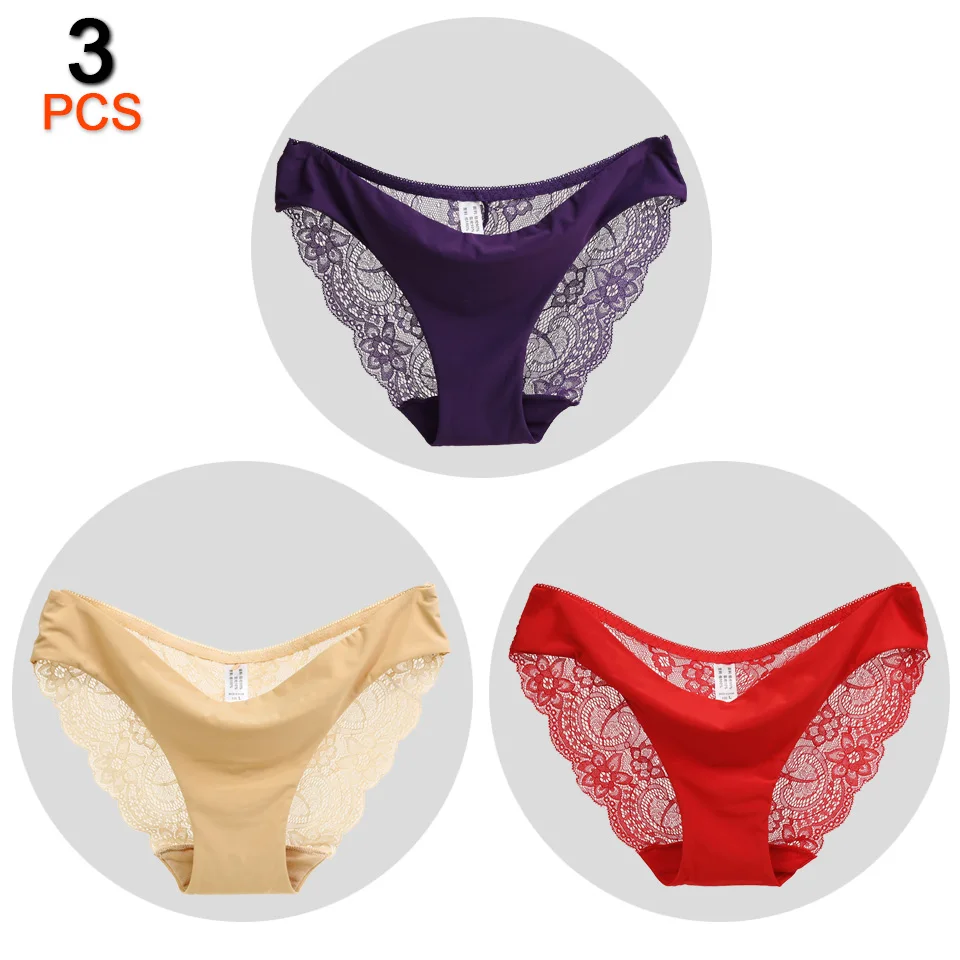 Khaki Red Purple 3 шт./лот, сексуальные кружевные трусики, женское нижнее белье, трусы, бесшовные трусики танспарента размера плюс, нижнее белье, низкая посадка, хлопковые трусы для женщин - Цвет: Khaki Red Purple