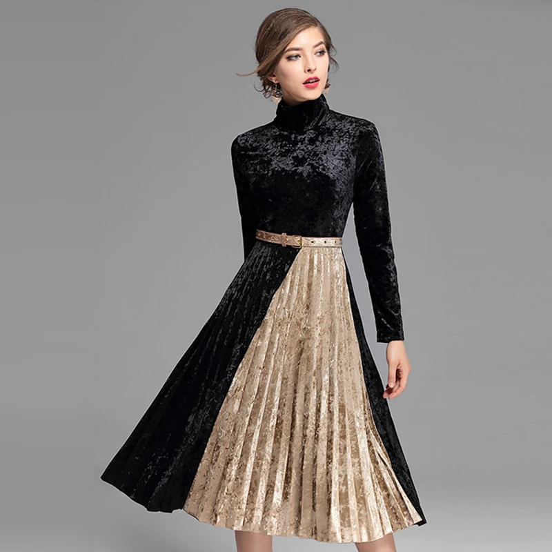 Велюровое платье Для женщин лоскутное плиссированные водолазка Одежда с длинным