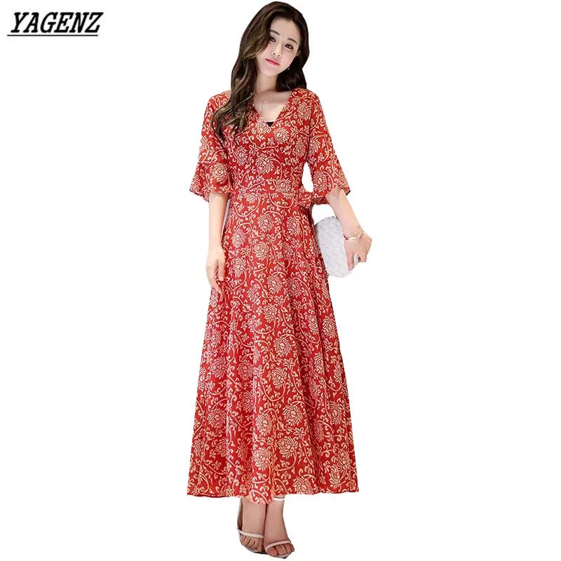 Богемное летнее платье 2017 Новый женский костюм цветочное шифоновое длинное