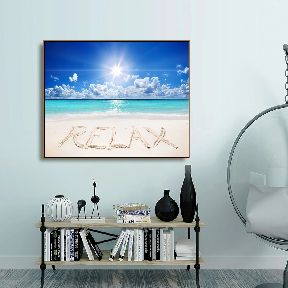 

Laeacco Calligraphy Painting Canvas Seaside Relax Sunshine Wall Artwork Posters and Prints Nordic Home Living Room Decoration