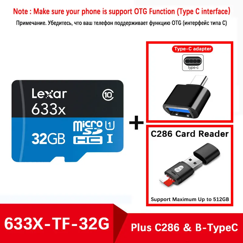 Lexar mecard microdata micro sd флышка Обновление версии Micro SD карта sd-карта 32 Гб 64 Гб 128 Гб карта памяти класс 10 633x TF флэш-карты для смартфона Microsd флешка карта памяти флешки - Емкость: 633X-32G-C286-Type-C
