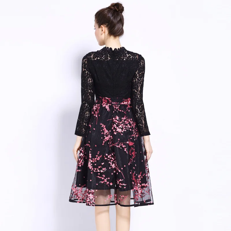 

2019 Women autumn Plus Size lace Print dress full Sleeve Hollow Out Mesh 5xl large size Dress fashion Office Lady Party Dress