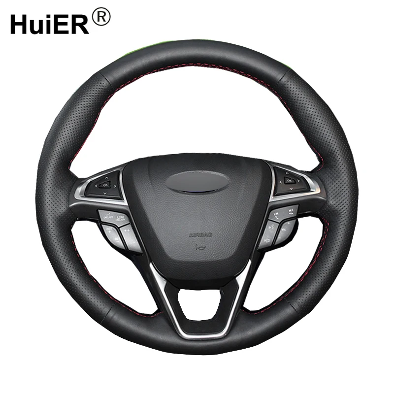 HuiER Hand Sewing Car Steering Wheel Cover Non-slip Car Styling Black Leather For Ford Fusion Mondeo 2015- 2018 EDGE 2017 2018