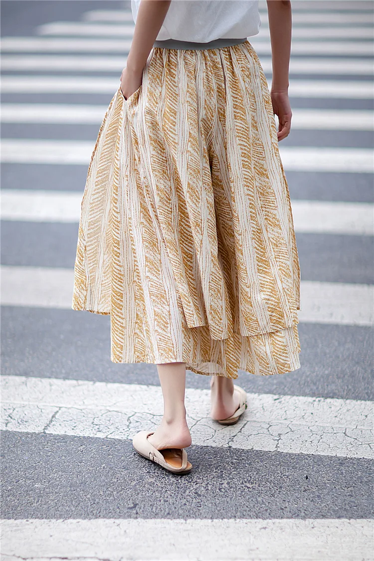 New Flowing irregular culotte summer trousers with batik cotton and linen wide pants loose double layer printed pantalon | Женская